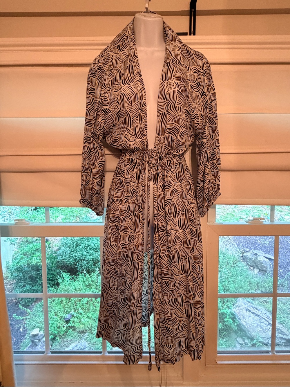 Women’s Black & White Printed Robe (or Beach Cover-up) with Tie Waist